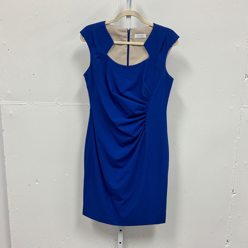Calvin Klein Royal Blue Ruched Sheath Dress Size 10 Sleeveless Square Neck